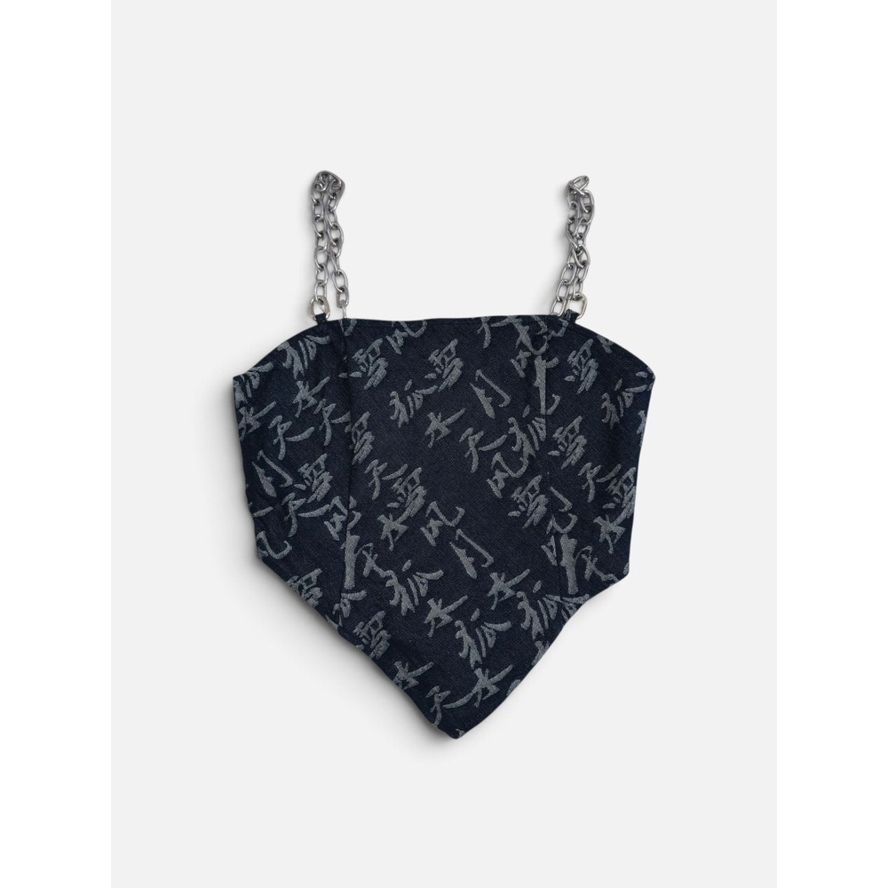 Women's Denim Top Asymetric Bandana Chain Strap Crop Corset Cyber Y2K Streetwear